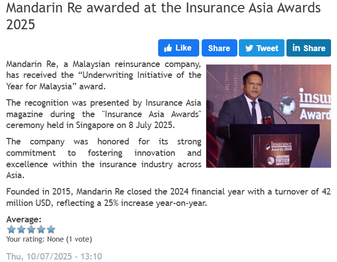 Mandarin Re Featured in Atlas Magazine for 2025 Insurance Asia Awards Win